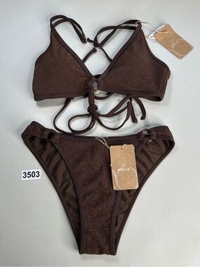 Berlook Small Dark Coffee Lurex O Ring Bikini Set New